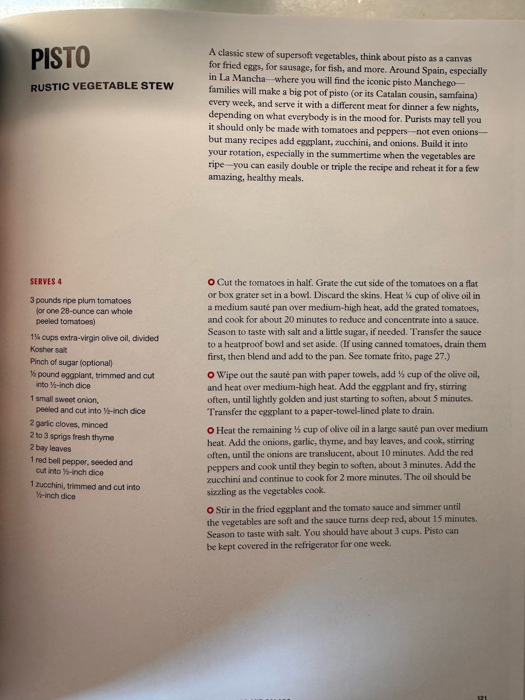 Cookbook page: Pisto, with its ingredient list